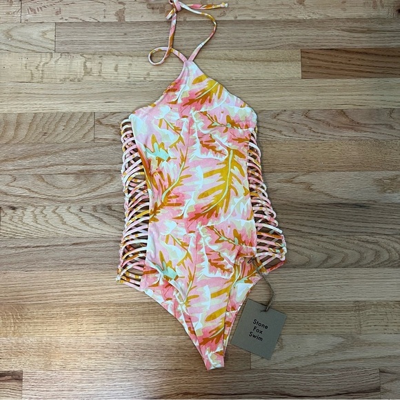 NWT Stone Fox Womens White Pink Print Fella One Piece Halter Style Swimsuit XS - Picture 9 of 10